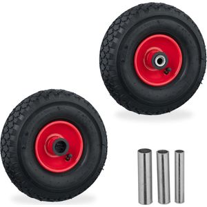 Relaxdays steekwagenwiel - set van 2 - luchtband - 3.00-4 - skelterwiel - 3 adapters - zwart-rood