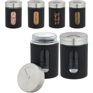 Relaxdays kruidenpotjes - set van 6 - strooipotjes - 3 strooigroottes - 290 ml - modern - zwart