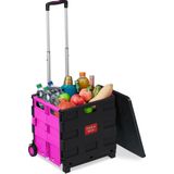 Relaxdays boodschappentrolley inklapbaar - vouwkrat met wielen - trolley - boodschappenkar - roze