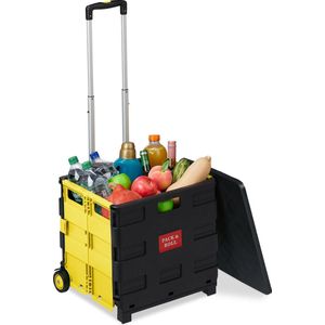 Relaxdays boodschappentrolley inklapbaar - vouwkrat met wielen - trolley - boodschappenkar - geel