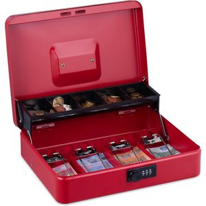 Relaxdays geldkistje met cijferslot - 3 cijfers - vakken voor briefjes en munten - afsluitbaar - ijzer - rood