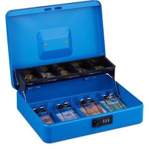 Relaxdays geldkistje met cijferslot - 3 cijfers - vakken voor briefjes en munten - afsluitbaar - ijzer - blauw