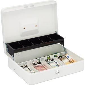 Relaxdays geldkistje met slot en 2 sleutels, vakken voor briefjes & munten, ijzer, 8,5 x 30,5 x 24,5 cm, wit