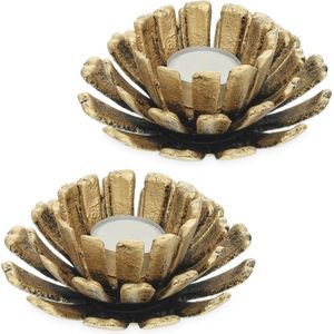 theelichthouder - set van 2 - 6 x 13,5 cm - bloem - gietijzer - binnen - buiten - goud