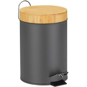 Relaxdays pedaalemmer 3 l - badkamer - softclose - bamboe deksel - uitneembare binnenemmer - grijs