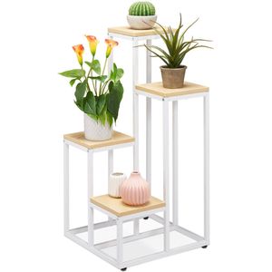 Relaxdays Plantenrek met 4 etages - Staal en MDF - Wit-natuur - 80 x 40 x 40 cm