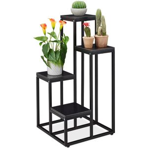 Relaxdays Bloemtrap met 4 planken, ruimtebesparend, van staal en MDF, design bloemenrek, zwart, 100 x 40 x 40 x 40 cm (h x b x d)