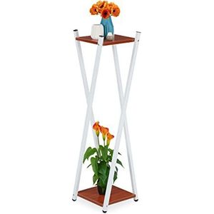 Relaxdays Bloemenstandaard met 2 etages, houtlook, MDF, moderne bloemenkruk, HBT 99 x 29 x 29 cm, wit/bruin/rood