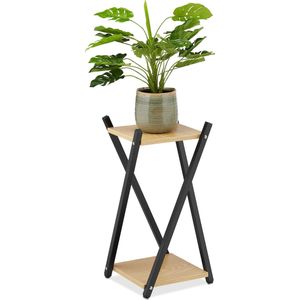 Relaxdays plantentafel binnen, 2 etages met houtlook, laag, moderne plantenstandaard, HBD 57x29x29 cm, zwart/lichtbruin