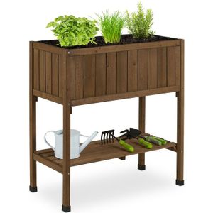 Hochbeet, Folie, Ablage, HxBxT: 80 x 74 x 38 cm, Garten, Balkon & Terrasse, Pflanztisch, Tannenholz, braun - Relaxdays