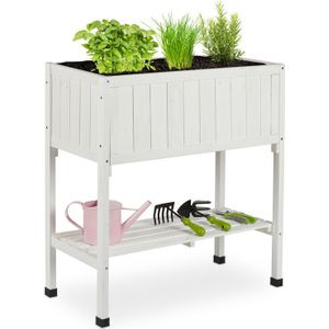 Hochbeet, Folie, Ablage, HxBxT: 80 x 74 x 38 cm, Garten, Balkon & Terrasse, Pflanztisch, Tannenholz, weiß - Relaxdays