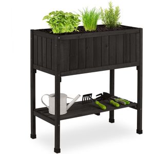 Relaxdays moestuinbak op poten - met folie - 80 x 74 x 38 cm - tuin, balkon & terras - dennenhout - zwart