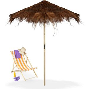 Relaxdays Hawaiiaanse parasol H x Ø 250 x 215 cm, handgemaakt, van hout en palmbladeren, weerbestendig, bruin