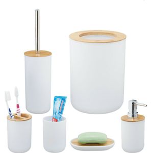 Relaxdays badkameraccessoires set - 6-delig - kunststof - bamboe - volledige badkamer & toilet set - wit