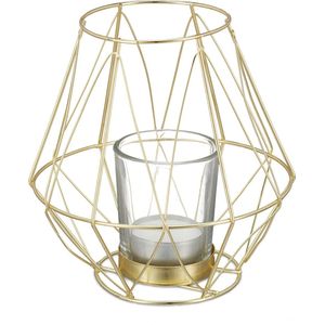 Relaxdays waxinelichthouder - metaal - theelichthouder - met glas - hoog - geometrisch - goud