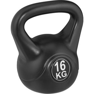 Relaxdays kettlebell 16 kg, kunststof omhulsel met zandvulling, voor mannen & vrouwen, gewicht fitness, in het zwart