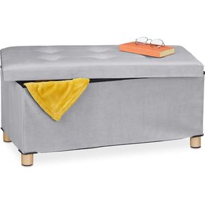 Relaxdays zitbank met opbergruimte - fluweel - met poten - tot 120 kg - opvouwbaar - halbank - lichtgrijs