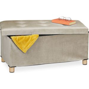 Relaxdays - Sitzbank mit Stauraum, Polster, Samtbezug, Holzfüße, bis 120 kg, faltbar, Sitztruhe hbt: 34x76x38 cm, creme