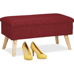 Relaxdays zitbank met opbergruimte - zachte halbank - modern - houten poten - stof - 39x77x39 cm - donkerrood