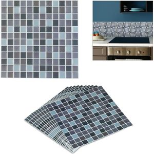 Relaxdays tegelstickers mozaiek, 10 stuks, zelfklevend, keuken & badkamer, 23.5 x 23.5 cm, 3D plaktegels, grijs