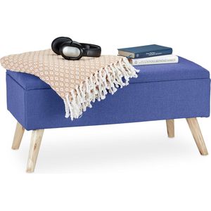 Relaxdays, blauwe zitbank met opbergruimte, gestoffeerd, houten poten, kist bank stoffen bekleding, HxBxD: 39,5 x 79,5 x 39,5 cm