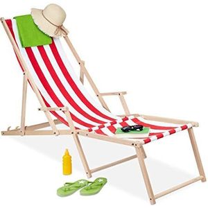 Relaxdays strandstoel hout - verstelbare ligstoel gestreept - tuinstoel tot 120 kg - - wit-rood