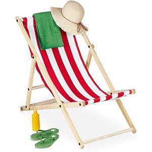 Relaxdays Ligstoel, inklapbaar, hout, 3 niveaus, kleurrijke klapligstoel voor balkon, tuin, strand, h x b x d 83 x 58 x 94 cm, wit-rood