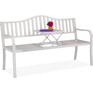 Relaxdays Tuinbank met inklapbare tafel, 3-zits, tuin, metalen balkonbank, 89 x 150 x 58,5 cm (h x b x d), wit-brons