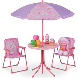 Relaxdays tuinset kinderen - kindertuinstoel - kindertafel - parasol - campingstoel kind - Unicorn