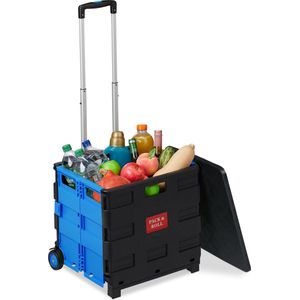 Relaxdays boodschappentrolley inklapbaar - vouwkrat met wielen - trolley - boodschappenkar - blauw