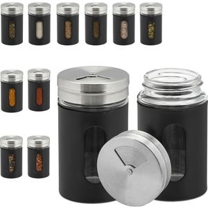 Relaxdays 12x kruidenpotje met strooideksel - set - strooibussen - strooipotjes 90 ml - zwart