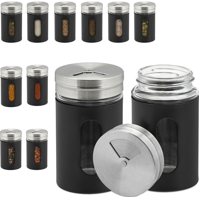 Relaxdays 12x kruidenpotje met strooideksel - set - strooibussen - strooipotjes 90 ml - zwart