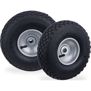 Relaxdays steekwagenwiel 3.00-4, 2 stuks, luchtbanden voor bolderkar, stalen velg, as van 16 mm, 100 kg, zwart-grijs