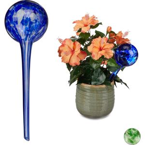 Relaxdays waterdruppelaar glas, set van 2, voor bloempotten, kantoor, vakantie, waterbol kamerplant, Ø 9 cm, transparant