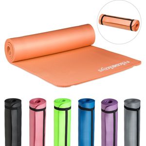 Relaxdays yogamat, 1 cm dik, voor pilates, fitness, gewrichtsvriendelijk, draagband, sportmat 60 x 180 cm, oranje
