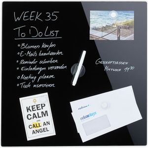 Magnettafel, beschreibbar, inkl. 3 Magnete & Stift, abwischbar, rahmenlos, Magnetboard Glas, 50x50 cm, schwarz - Relaxdays