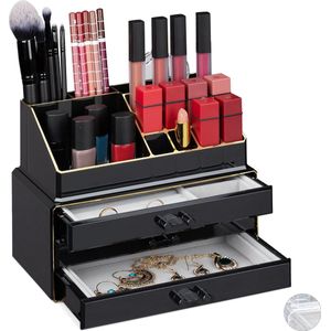 Relaxdays make up organizer - 2-delig - sieradendoos - 3 lades - nagellak - lippenstift houder - zwart-goud