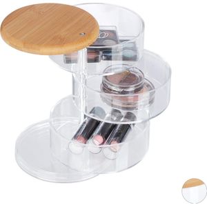 Relaxdays Make-up Organizer, rond, 3 niveaus, draaibaar, voor cosmetica en sieraden, deksel, bamboe, kunststof, transparant, 1 stuk