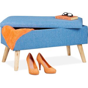 Relaxdays hocker met opbergruimte, zachte halbank, modern, houten poten, modern, stof, HBD: 39x77x39 cm, blauw