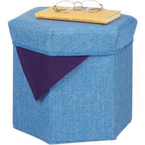 Relaxdays poef met opbergruimte - opvouwbare hocker zeshoek - voetenbank - opbergpoef stof - blauw