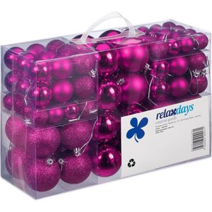 Relaxdays kerstballen 100 stuks, kerstdecoratie, mat, glanzend, glitters, kerstboom ballen ∅ 3, 4 & 6 cm, pink