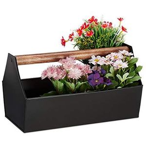 Relaxdays Bloembak, houten handvat, bloemen, planten & kruiden, decoratieve gereedschapskist, ijzer, 20 x 36 x 20 cm, zwart