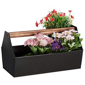 Relaxdays Bloembak van ijzer met houten handvat voor bloemen, planten en kruiden, 20 x 36 x 20 cm, zwart, 1