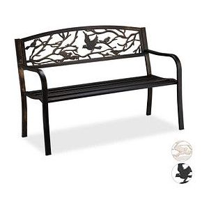 Relaxdays tuinbank, vogel patroon, 2 persoons, tuin, terras & balkon, staal, zitbank, HBD 87x127x57 cm, zwart-brons
