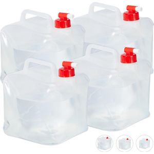 Relaxdays opvouwbare jerrycans, 4 stuks, 5 l, kraan, schroefdop, draagbaar, watertank, camping, transparant/rood