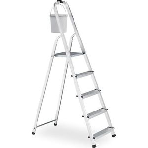 Relaxdays Vouwladder 5 treden aluminium ladder 125 kg met hp veiligheidsstang 159 x 45 x 89 cm zilver