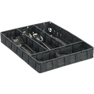 Relaxdays bestekbak - lade organizer met 4 vakken - voor bestek - gevlochten - 4,5 x 26 x 36 cm - grijs