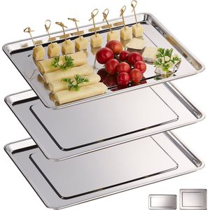 serveerschaal - 3 stuks - rvs - vaatwasbestendig - 33x26,5 cm - zilver