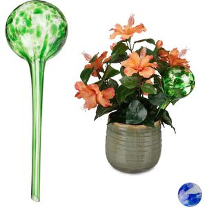 Relaxdays waterdruppelaar glas, set van 2, voor bloempotten, kantoor, vakantie, waterbol kamerplant, Ø 9 cm, groen