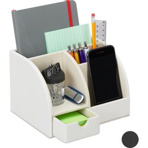 Relaxdays bureau organizer kunstleer - pennenbakje met lade - 4 vakken - 13 x 19 x 15 cm - wit